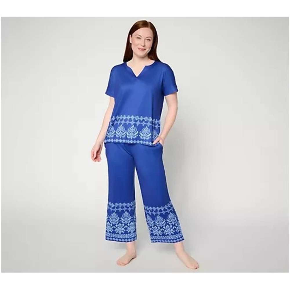 MUK LUKS Cloud Knit Relaxed Tee with Cropped Pant Lounge Set Blue,Size IX